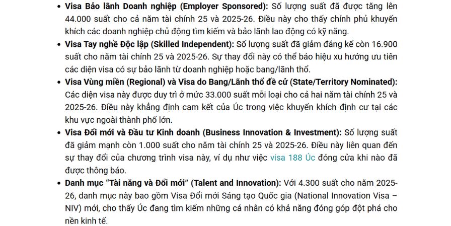 Sự thay đổi trong phân bổ visa theo năm tài chính của chính phủ Úc
