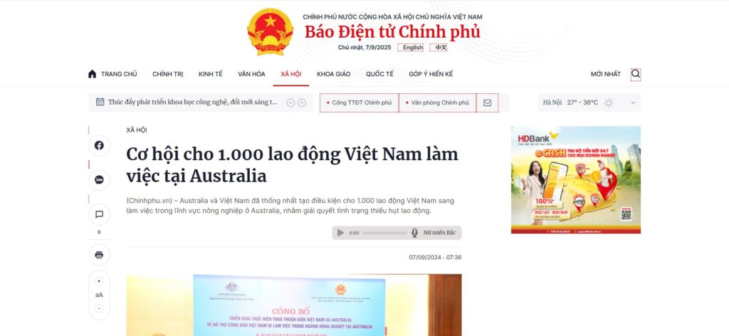 Thông tin Cơ hội cho 1000 lao động Việt Nam làm việc tại Australia được đăng trên Báo Điện tử Chính Phủ Việt Nam