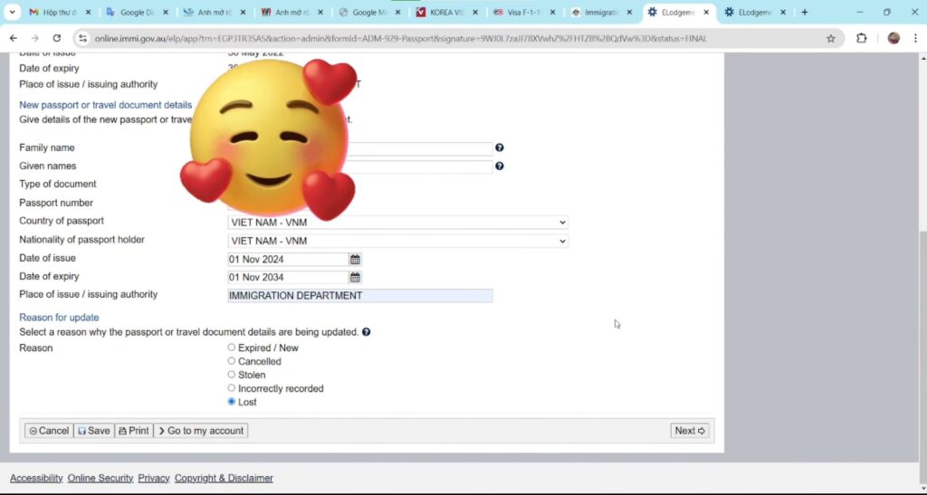 Nêu lý do thay đổi thông tin hộ chiếu