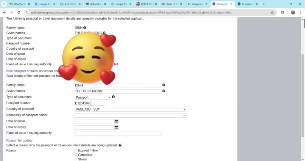 Nhập thông tin hộ chiếu mới