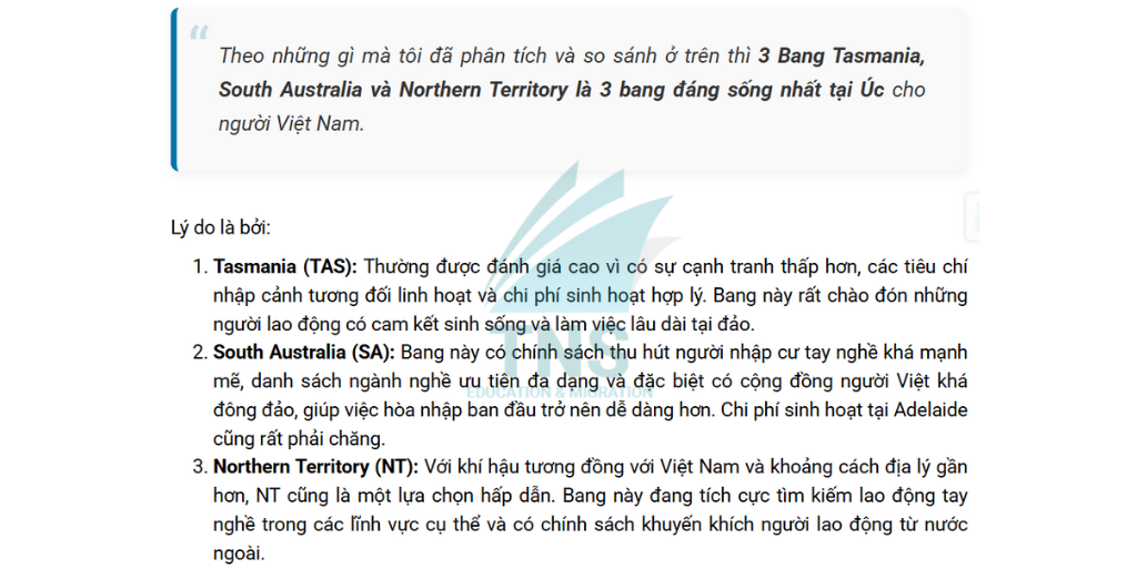Bang Tasmania, South Australia và Northern Territory là 3 bang đáng sống nhất tại Úc cho người Việt Nam