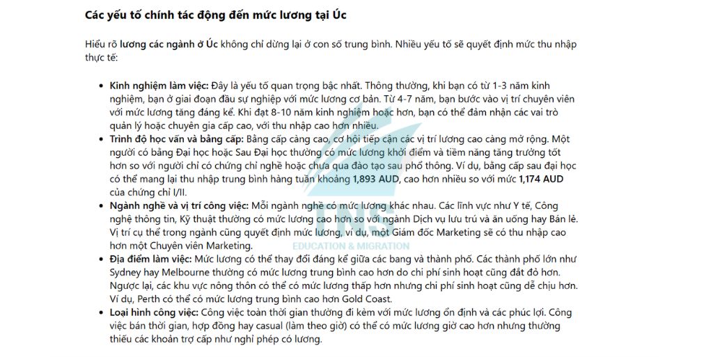 Các yếu tố chính tác động đến mức lương tại Úc