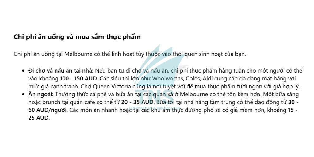 Chi phí ăn uống và mua sắm thực phẩm tại thành phố Melbourne
