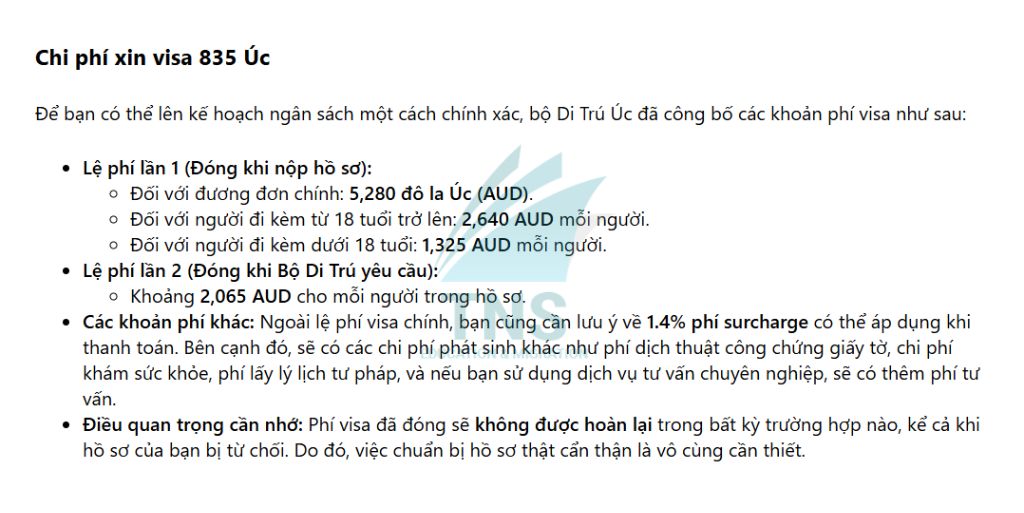 Chi phí khi xin Visa 835 Úc