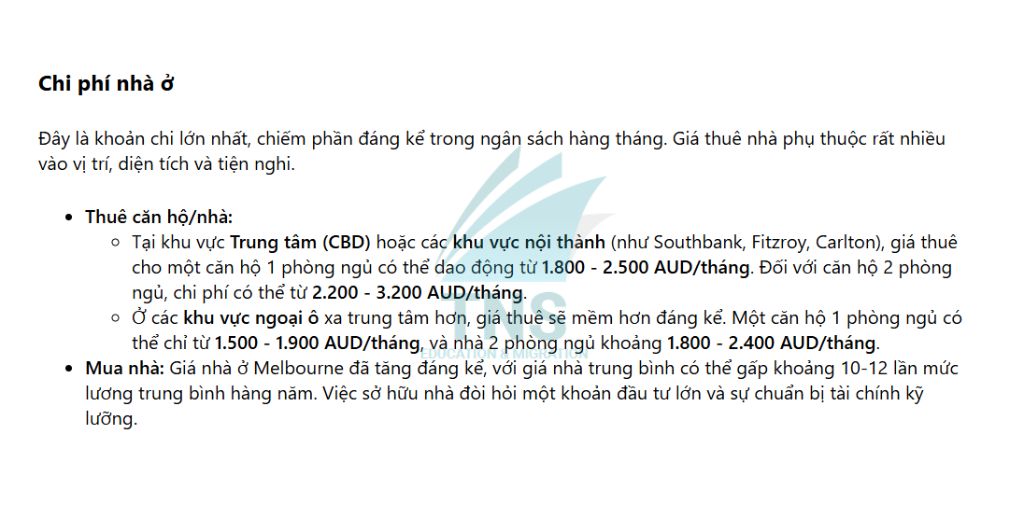 Chi phí nhà ở tại thành phố Melbourne