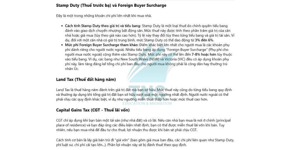 Chi phí thuế khi mua nhà ở Úc
