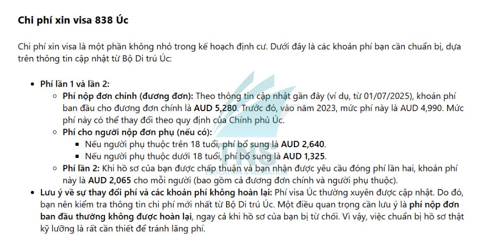 Chi phí xin Visa 838 Úc