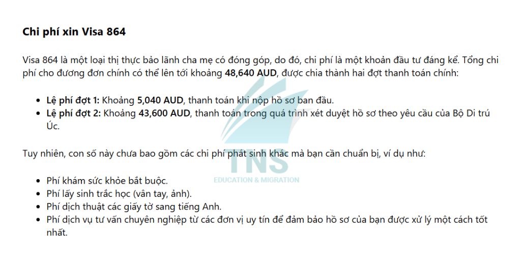 Chi phí xin Visa 864 Úc