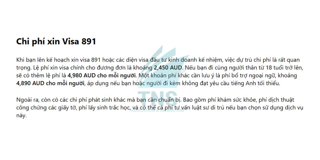 Chi phí xin Visa 891 Úc