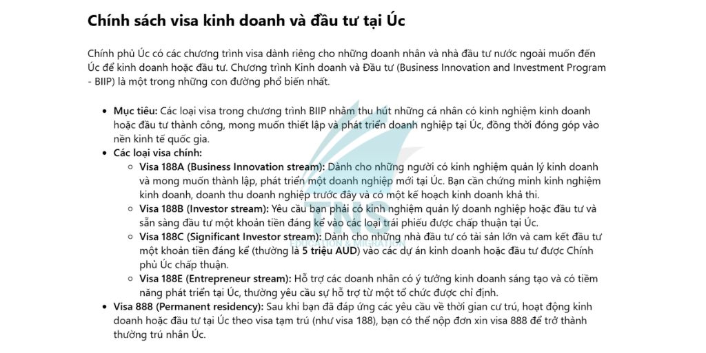 Chính sách visa kinh doanh và đầu từ tại Úc