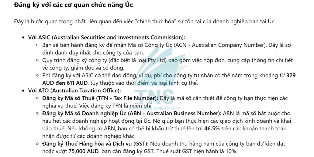 Đăng ký với các cơ quan chức năng khi thành lập công ty tại Úc