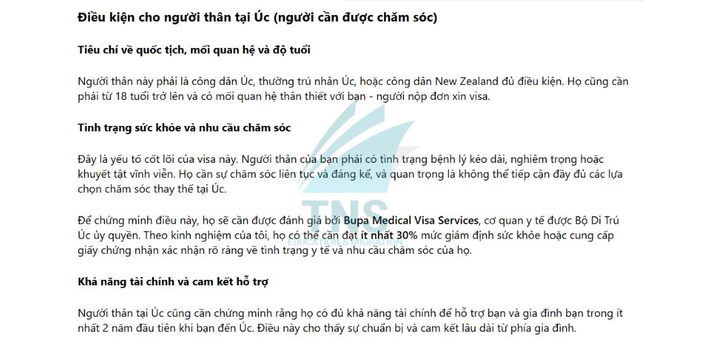 Điều kiện cho người cần được chăm sóc khi xin Visa 836