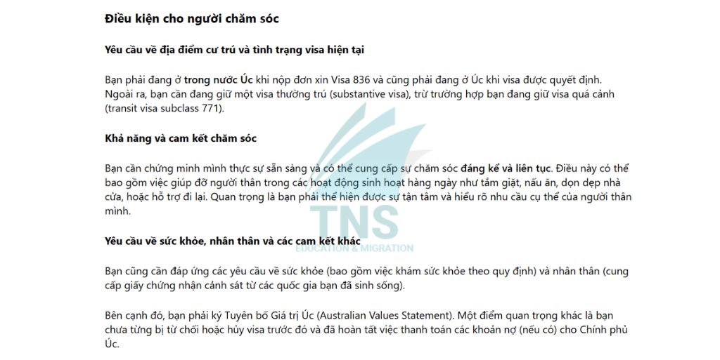 Điều kiện cho người chăm sóc khi xin Visa 836