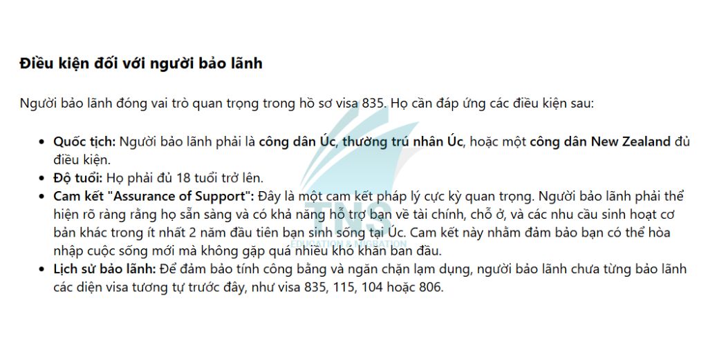 Điều kiện đối với người bảo lãnh của Visa 835 Úc
