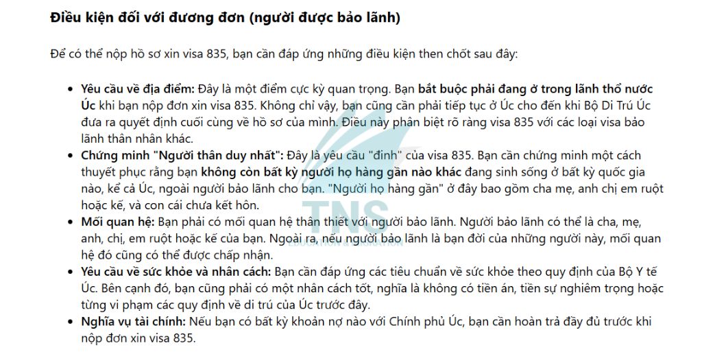 Điều kiện đối với người được bảo lãnh của Visa 835 Úc