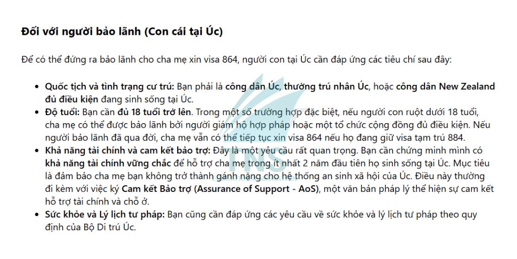 Điều kiện tham gia Visa 864 Úc đối với người bảo lãnh