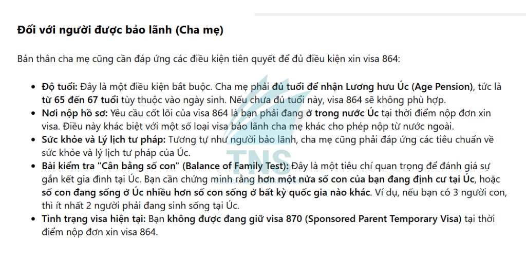 Điều kiện tham gia Visa 864 Úc đối với người được bảo lãnh