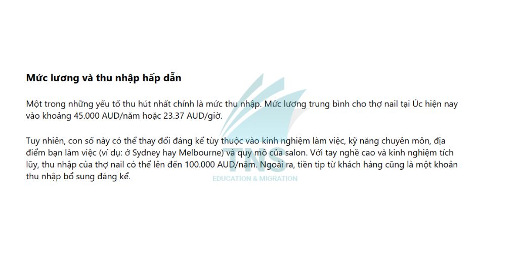 Mức lương và thu nhập hấp dẫn nghề nail ở Úc