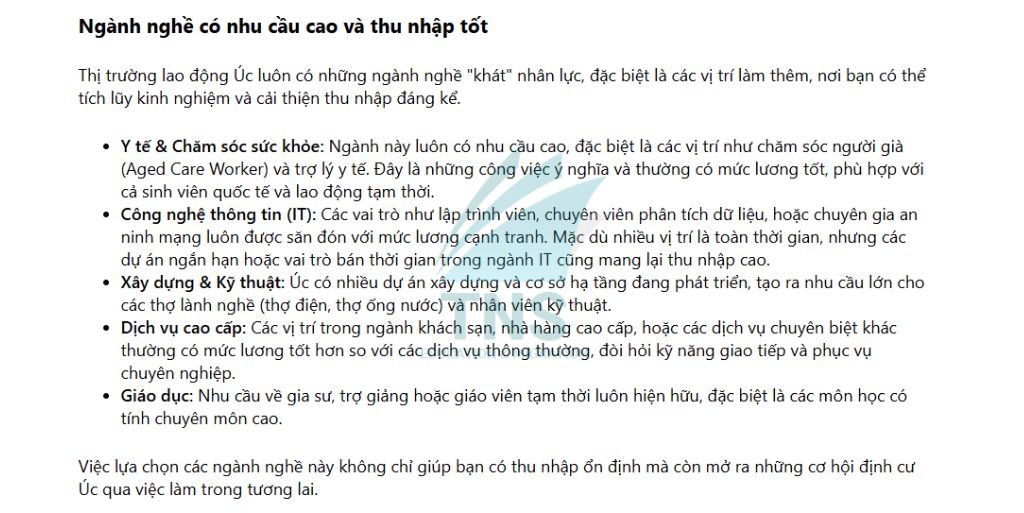 Những ngành nghề làm thêm có nhu cầu cao và thu nhập tốt tại Úc