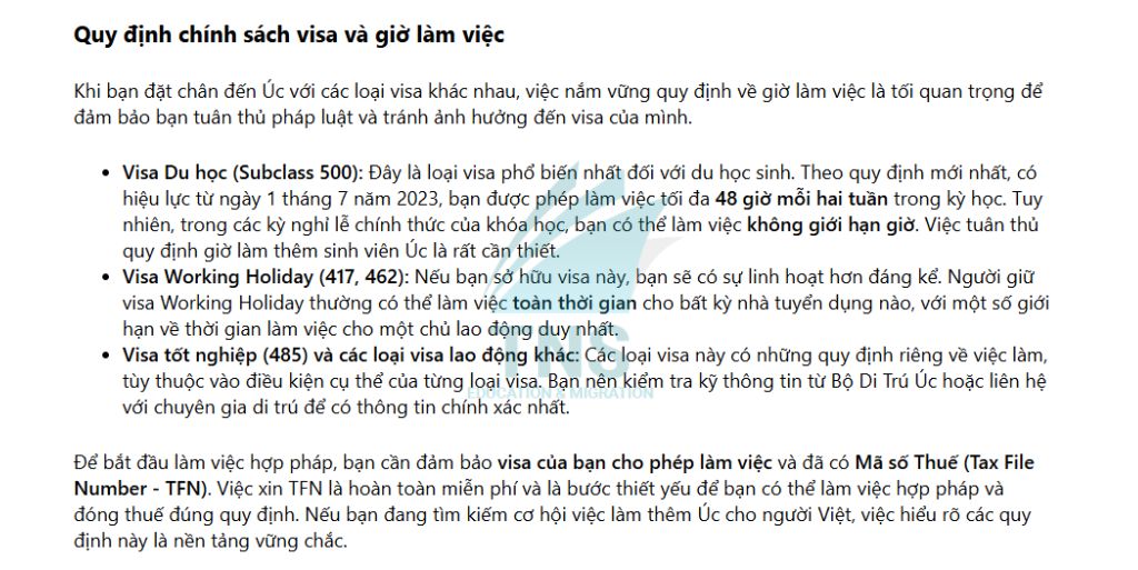 Những quy định chính sách visa và giờ làm việc tại Úc