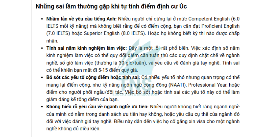 Những sai lầm thường gặp khi tự tính điểm định cư Úc