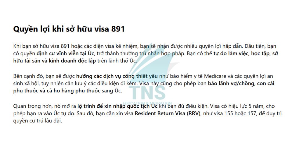 Quyền lợi khi sở hữu Visa 891