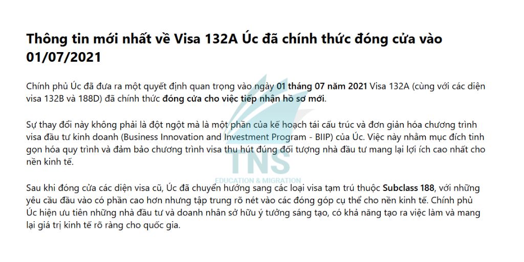 Thông tin Visa 132A Úc đã chính thức đóng cửa vào 01072021