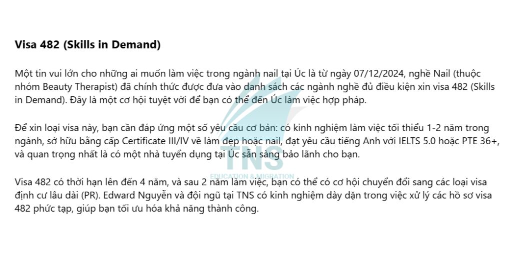 Thông tin visa 482 cho thợ nail tại Úc