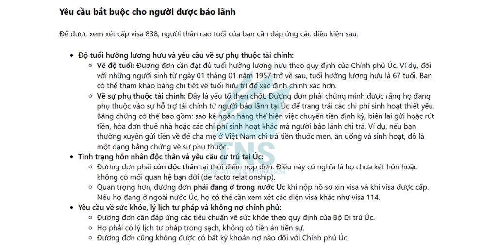 Yêu cầu bắt buộc cho người được bảo lãnh của diện Visa 838 Úc