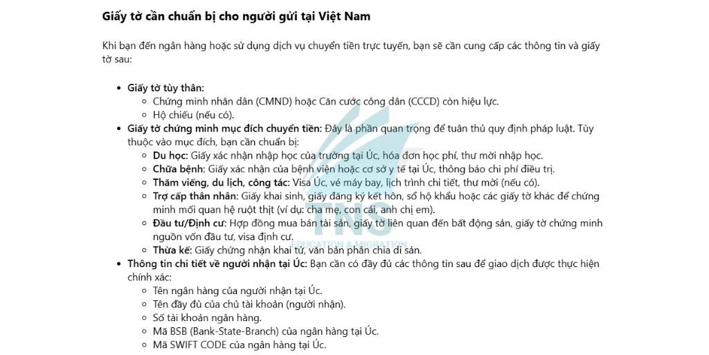 Giấy tờ cần chuẩn bị cho người gửi tại Việt Nam khi chuyển tiền sang Úc