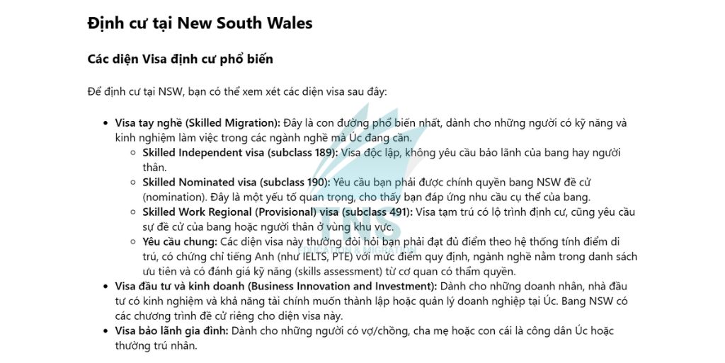 Các diện Visa đinh cư phổ biển tại bang New South Wales úc