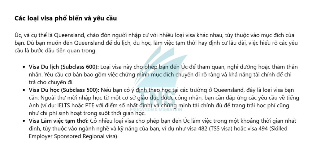 Các diện Visa phổ biến tại bang Queensland Úc