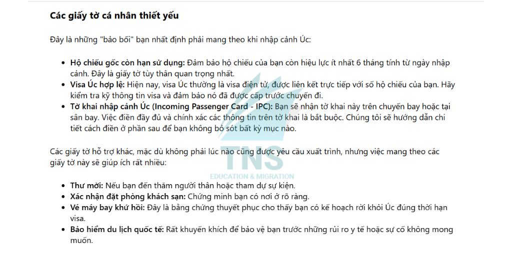 Các giấy tờ cá nhân cần thiết để nhập cảnh Úc