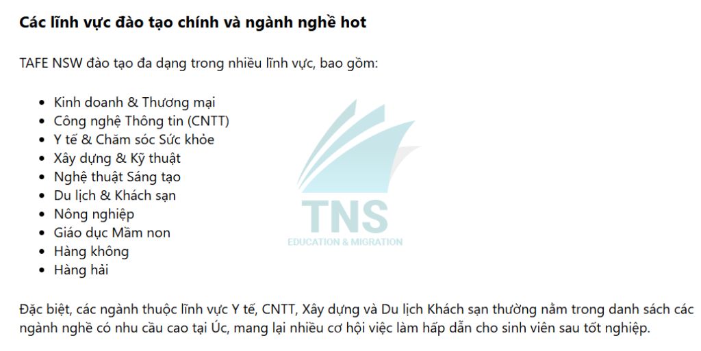 Các lĩnh vực đào tạo chính và ngành nghê hot tại Trường TAFE New South Wales Úc