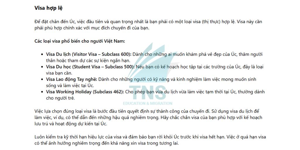 Các loại Visa hợp lệ để nhập cảnh Úc