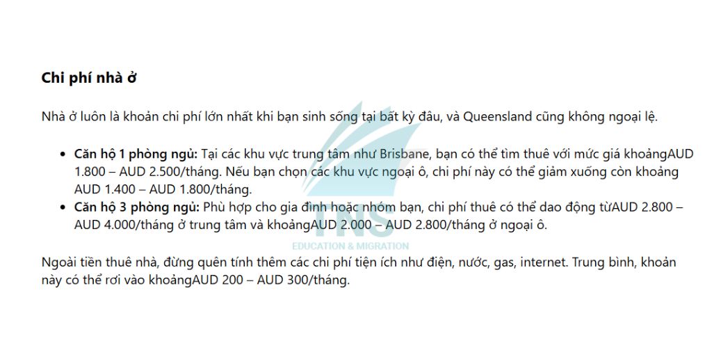Chi phí nhà ở tại bang Queensland Úc