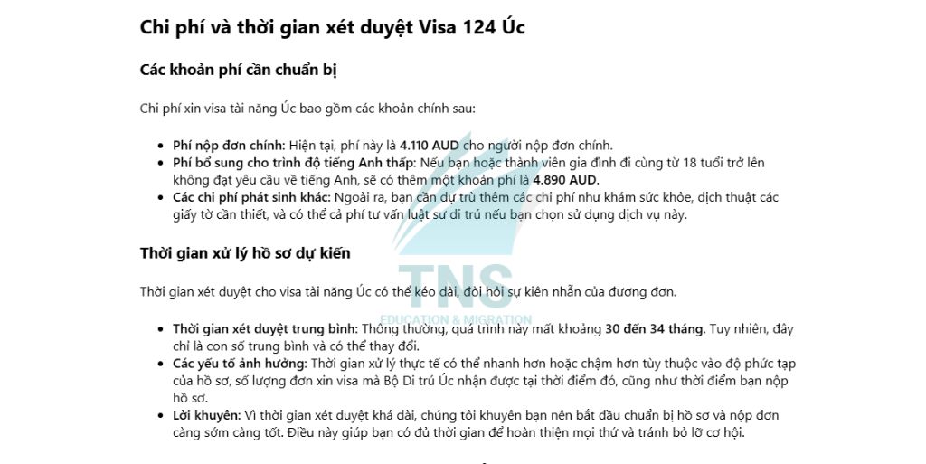 Chi phí và thời gian xét duyệt Visa 124 Úc