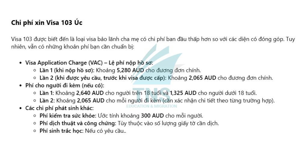 Chi phí xin Visa 103 Úc