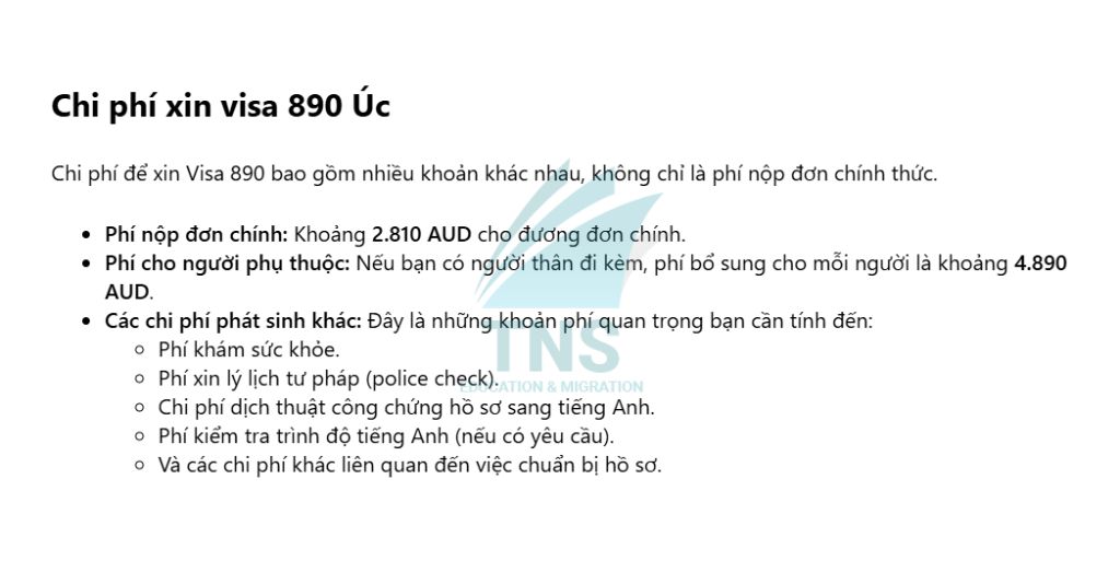 Chi phí xin Visa 890 Úc