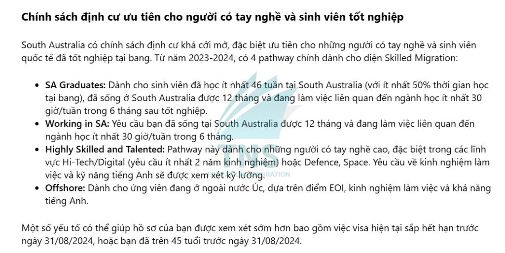 Chính sách định cư ưu tiên cho người có tay nghề và sinh viên tốt nghiệp tại bang South Australia