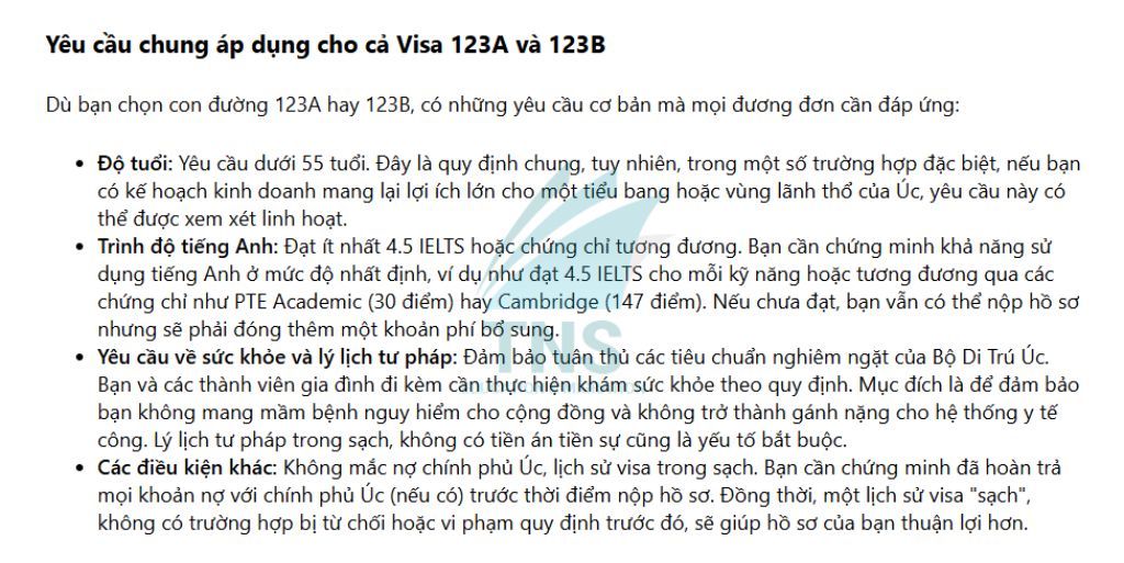 Điều kiện áp dụng chung cho cả Visa 123A và 123B