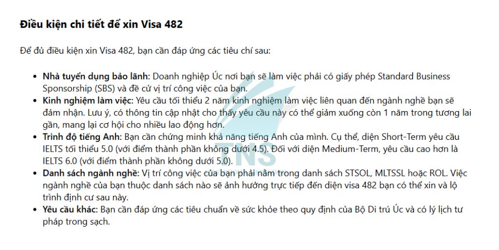 Điều kiện chi tiết để xin Visa 482