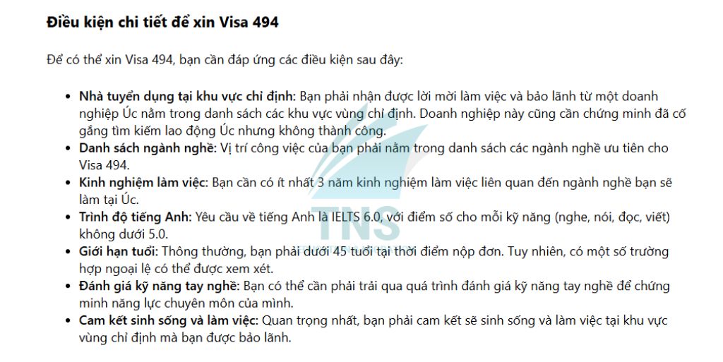 Điều kiện chi tiết để xin Visa 494