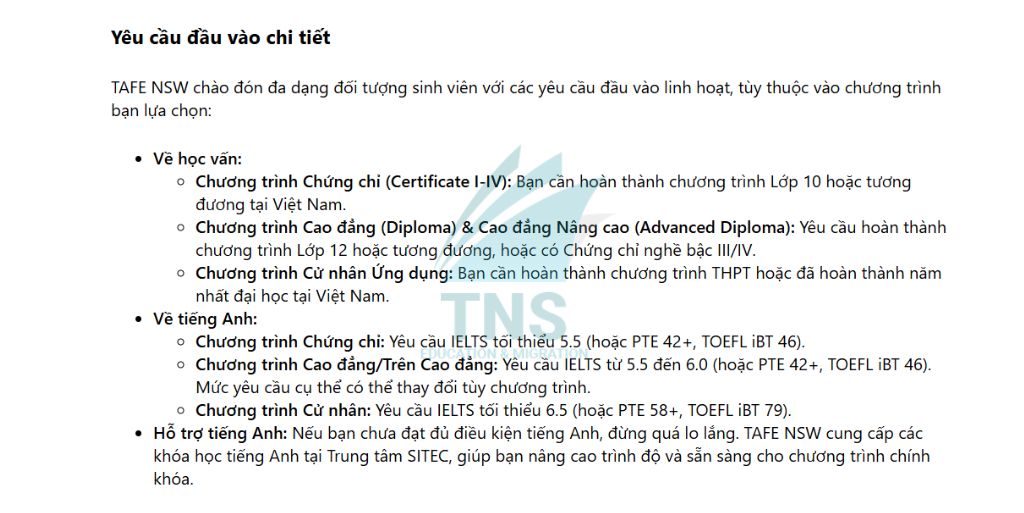 Điều kiên đầu vào chi tiết tại Trường TAFE New South Wales Úc