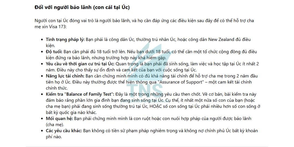 Điều kiện đối với người bảo lãnh Visa 173 Úc