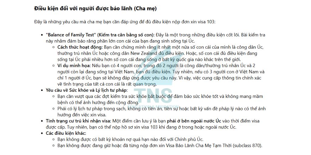 Điều kiện đối với người được bảo lãnh Visa 103 Úc
