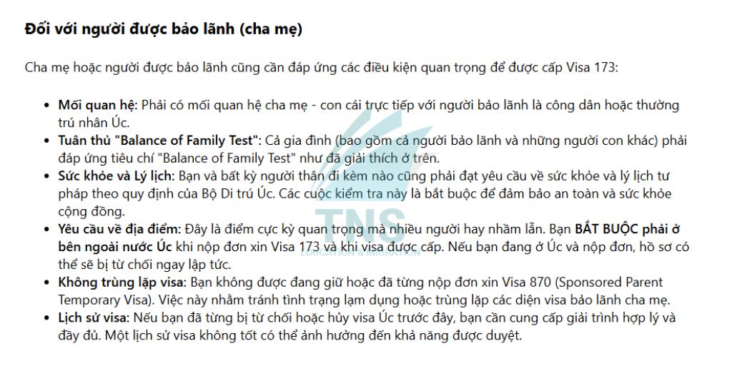Điều kiện đối với người được bảo lãnh Visa 173 Úc
