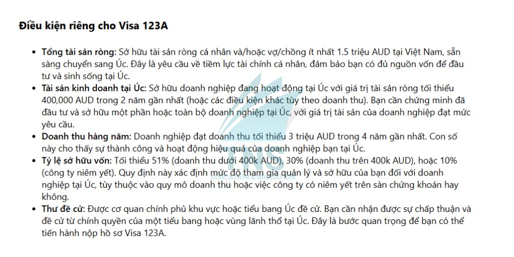 Điều kiện riêng cho Visa 123A