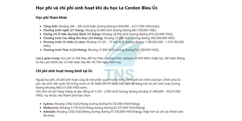 Học phí và chi phí sinh hoạt khi du học Le Cordon Bleu Úc