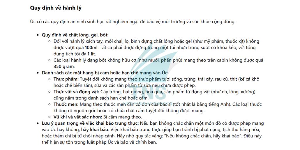 Quy định về hành lý khi nhập cảnh vào Úc